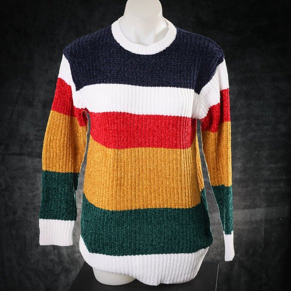 NWT Evelyn Taylor | Mustard & Navy Stripe Chenille Sweater - M - Picture 3 of 9